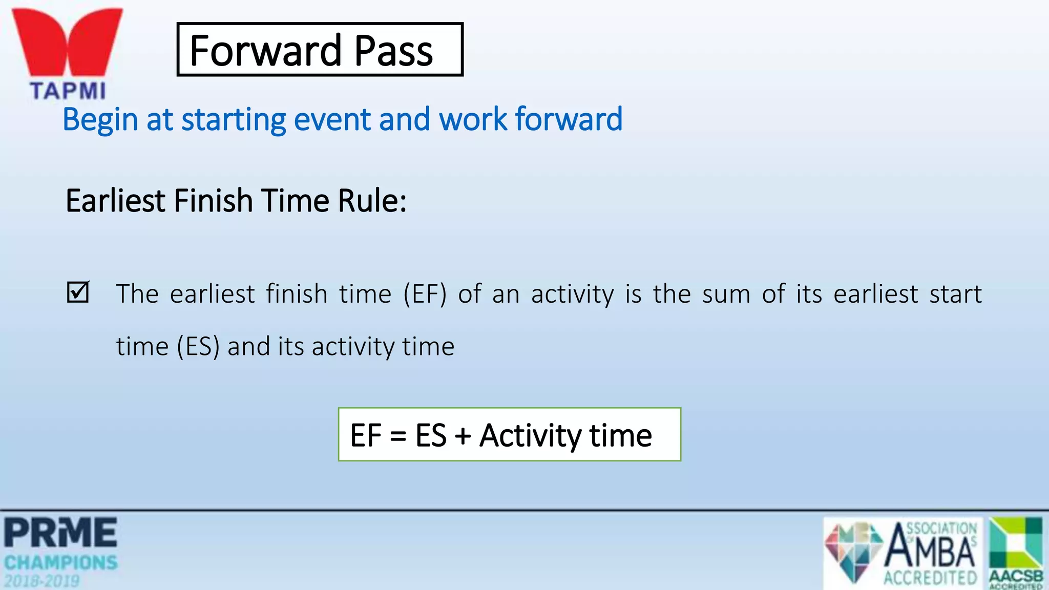 Begin at starting event and work forward
Earliest Finish Time Rule:
 The earliest finish time (EF) of an activity is the sum of its earliest start
time (ES) and its activity time
EF = ES + Activity time
Forward Pass
 