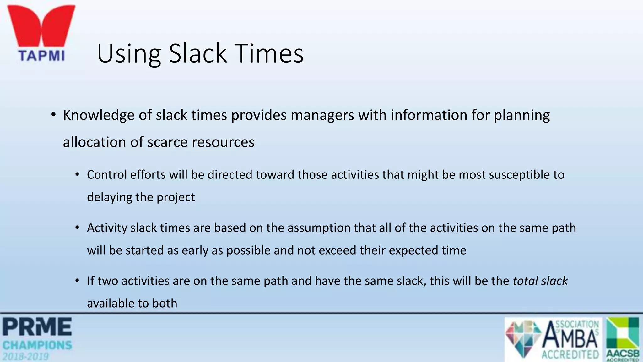 Using Slack Times
• Knowledge of slack times provides managers with information for planning
allocation of scarce resources
• Control efforts will be directed toward those activities that might be most susceptible to
delaying the project
• Activity slack times are based on the assumption that all of the activities on the same path
will be started as early as possible and not exceed their expected time
• If two activities are on the same path and have the same slack, this will be the total slack
available to both
 