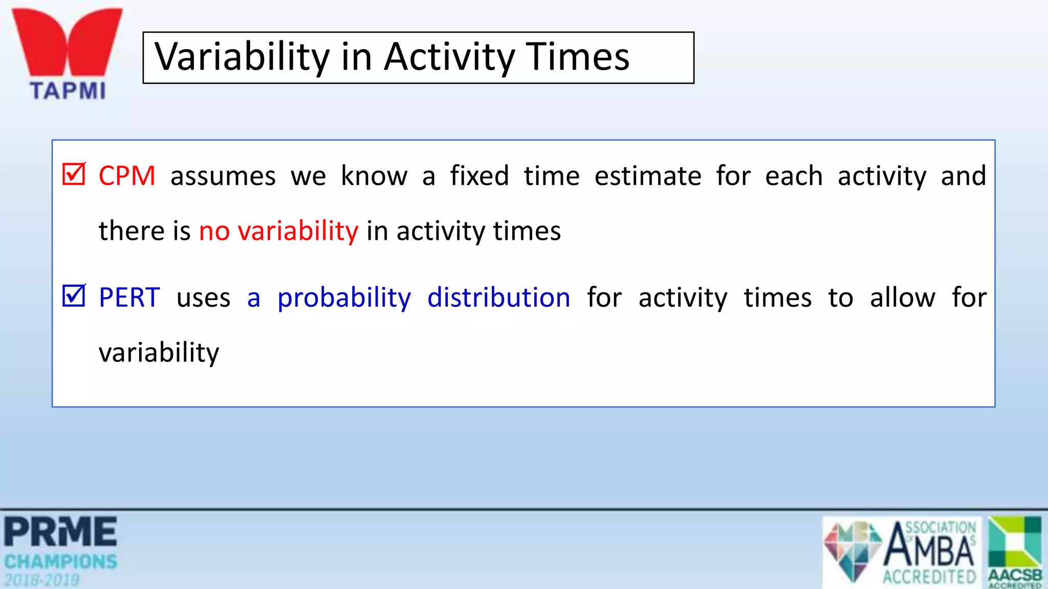 Variability in Activity Times
 CPM assumes we know a fixed time estimate for each activity and
there is no variability in activity times
 PERT uses a probability distribution for activity times to allow for
variability
 