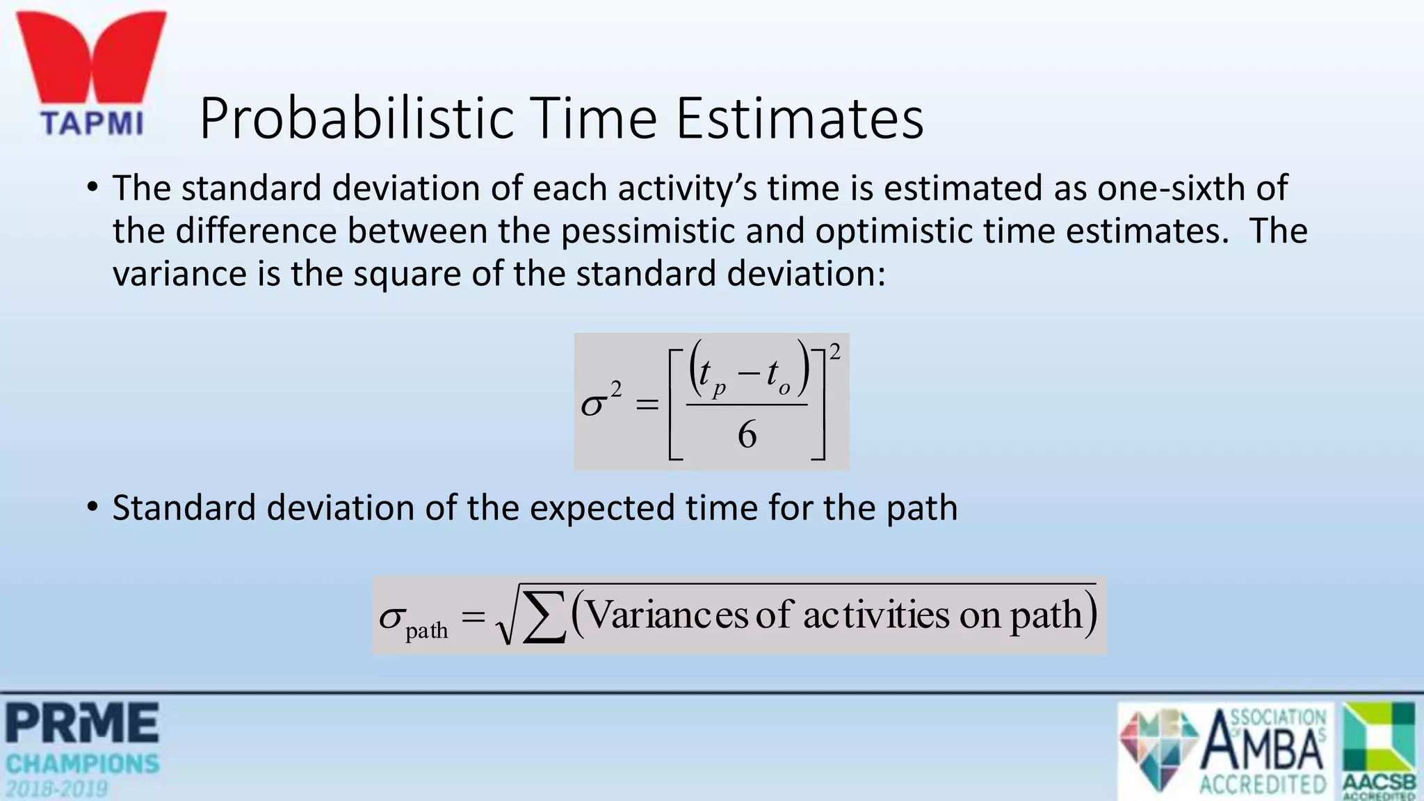 Probabilistic Time Estimates
• The standard deviation of each activity’s time is estimated as one-sixth of
the difference between the pessimistic and optimistic time estimates. The
variance is the square of the standard deviation:
• Standard deviation of the expected time for the path
  2
2
6





 

o
p t
t

 

 path
on
activities
of
Variances
path

 