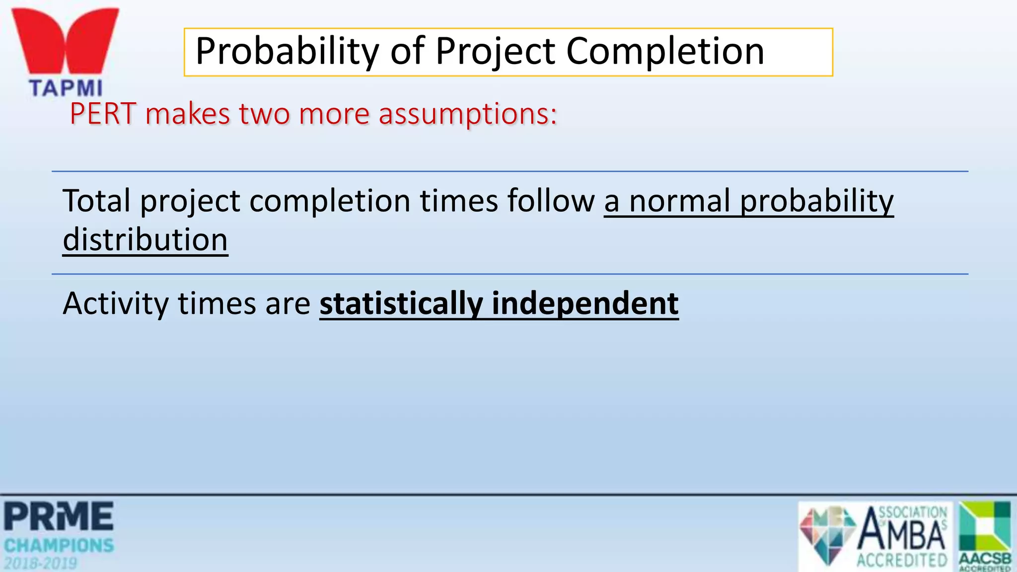 PERT makes two more assumptions:
Total project completion times follow a normal probability
distribution
Activity times are statistically independent
Probability of Project Completion
 