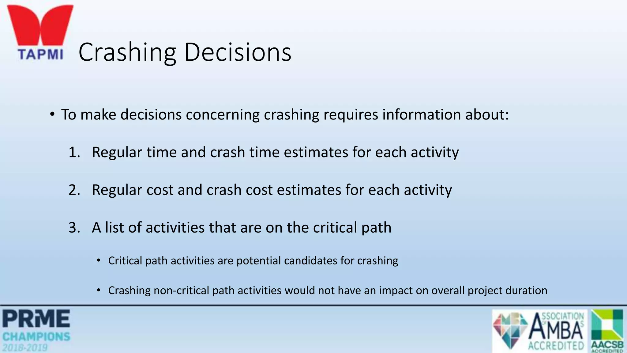 Crashing Decisions
• To make decisions concerning crashing requires information about:
1. Regular time and crash time estimates for each activity
2. Regular cost and crash cost estimates for each activity
3. A list of activities that are on the critical path
• Critical path activities are potential candidates for crashing
• Crashing non-critical path activities would not have an impact on overall project duration
 