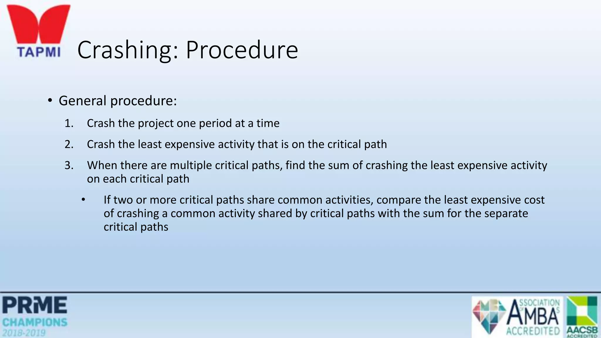 Crashing: Procedure
• General procedure:
1. Crash the project one period at a time
2. Crash the least expensive activity that is on the critical path
3. When there are multiple critical paths, find the sum of crashing the least expensive activity
on each critical path
• If two or more critical paths share common activities, compare the least expensive cost
of crashing a common activity shared by critical paths with the sum for the separate
critical paths
 
