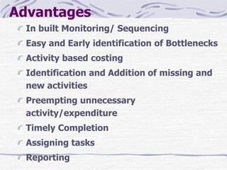 Advantages
In built Monitoring/ Sequencing
Easy and Early identification of Bottlenecks
Activity based costing
Identification and Addition of missing and
new activities
Preempting unnecessary
activity/expenditure
Timely Completion
Assigning tasks
Reporting
 