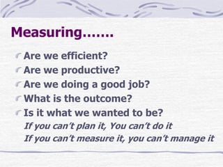 Measuring…….
Are we efficient?
Are we productive?
Are we doing a good job?
What is the outcome?
Is it what we wanted to be?
If you can’t plan it, You can’t do it
If you can’t measure it, you can’t manage it
 