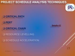 M.V.Kannan Planet Aerospace
23
PROJECT SCHEDULE ANALYSIS TECHNIQUES
 CRITICAL PATH
 PERT
 CRITICAL CHAIN
Details-CC
 