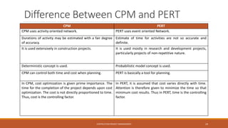 Difference Between CPM and PERT
CPM PERT
CPM uses activity oriented network. PERT uses event oriented Network.
Durations of activity may be estimated with a fair degree
of accuracy.
Estimate of time for activities are not so accurate and
definite.
It is used extensively in construction projects. It is used mostly in research and development projects,
particularly projects of non-repetitive nature.
Deterministic concept is used. Probabilistic model concept is used.
CPM can control both time and cost when planning. PERT is basically a tool for planning.
In CPM, cost optimization is given prime importance. The
time for the completion of the project depends upon cost
optimization. The cost is not directly proportioned to time.
Thus, cost is the controlling factor.
In PERT, it is assumed that cost varies directly with time.
Attention is therefore given to minimize the time so that
minimum cost results. Thus in PERT, time is the controlling
factor.
CONTRUCTION PROJECT MANAGEMENT 24
 