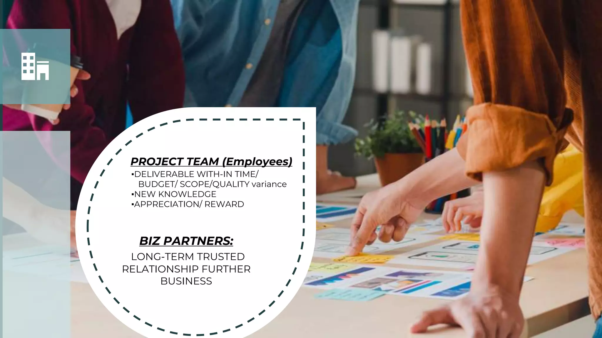 PROJECT TEAM (Employees)
▪DELIVERABLE WITH-IN TIME/
BUDGET/ SCOPE/QUALITY variance
▪NEW KNOWLEDGE
▪APPRECIATION/ REWARD
BIZ PARTNERS:
LONG-TERM TRUSTED
RELATIONSHIP FURTHER
BUSINESS
 