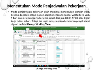 Menentukan Mode Penjadwalan Pekerjaan
• Mode penjadwalan pekerjaan akan meminta menentukan standar waktu
bekerja. Langkah paling mudah adalah mengikuti standar waktu kerja yaitu
5 hari dalam seminggu yaitu senin-jumat dari jam 08.00-17.00 atau 8 jam
kerja dalam sehari. Tetapi jika ingin menyesuaikan kebutuhan proyek dapat
diganti melalui Change Working Time.
Change Working Time
 