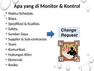 Apa yang di Monitor & Kontrol
• Waktu/Schedule.
• Biaya.
• Spesifikasi & Kualitas.
• Safety.
• Sumber Daya.
• Supplier & Sub-contractor.
• Team
• Komunikasi
• Hubungan Klien
• Eksternal.
• Resiko
Change
Request
 