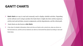 GANTT CHARTS
 Gantt charts are easy to read and commonly used to display schedule activities. Depending
on the software you’re using to produce the Gantt chart, it might also show activity sequences,
activity start and end dates, resource assignments, activity dependencies, and the critical path.
 Gantt charts are also known as bar charts.
 A bar chart of schedule information where activities are listed on the vertical axis, dates are shown on
the horizontal axis, and the activity durations are shown as horizontal bars placed according to start and
finish dates.
 