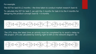 For example:
The EST for task B is 2 months – the time taken to conduct market research (task A)
To calculate the EST for task C, we add the 2 months for task A to the 4 months for
designing the product concept (task B) = 6 months
The LFTs show the latest time an activity must be completed by to avoid a delay to
the project. LFTs are calculated by looking right to left on the network diagram. So:
 