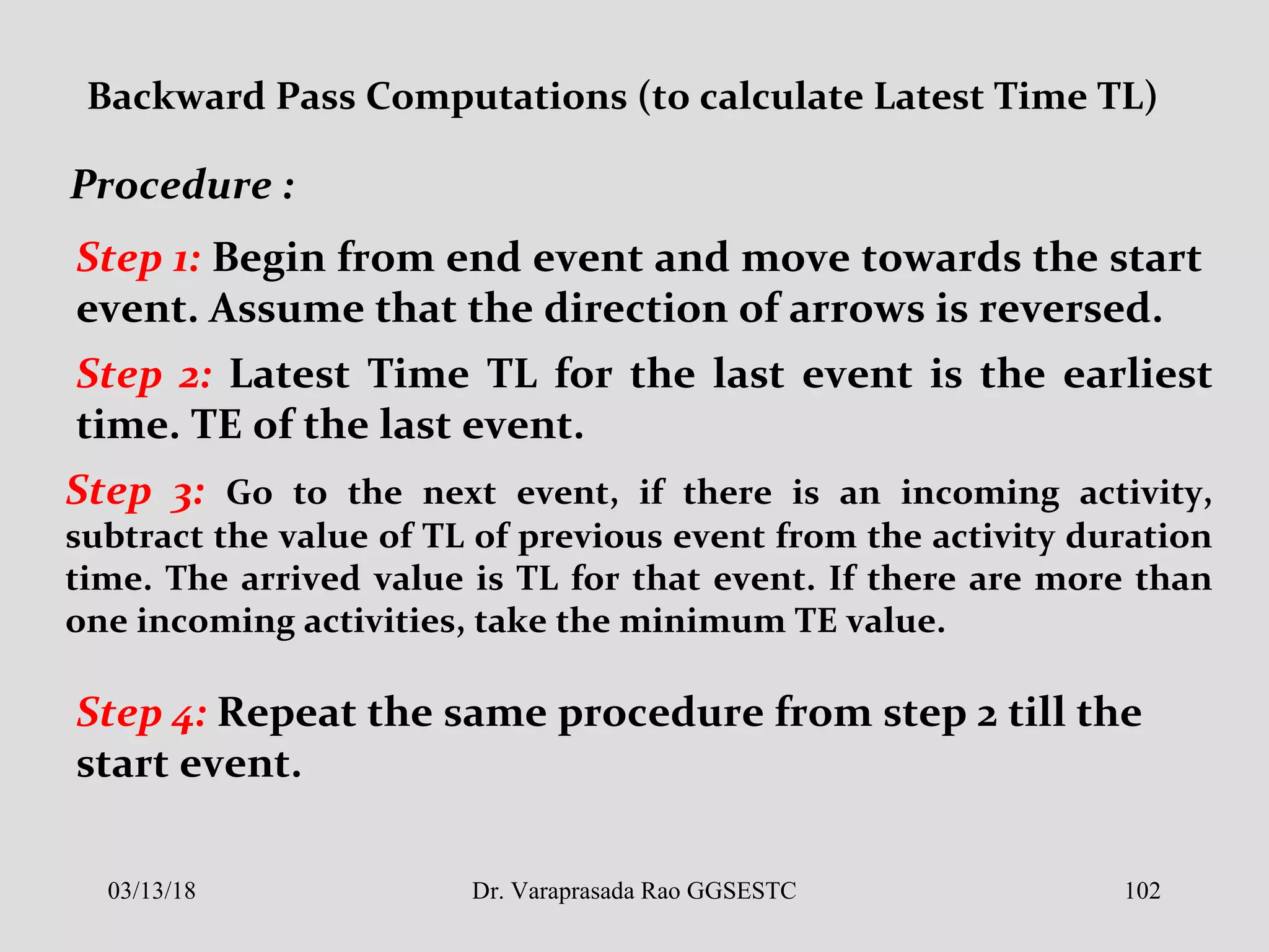 Backward Pass Computations (to calculate Latest Time TL)
Procedure :
Step 1: Begin from end event and move towards the start
event. Assume that the direction of arrows is reversed.
Step 2: Latest Time TL for the last event is the earliest
time. TE of the last event.
Step 3: Go to the next event, if there is an incoming activity,
subtract the value of TL of previous event from the activity duration
time. The arrived value is TL for that event. If there are more than
one incoming activities, take the minimum TE value.
Step 4: Repeat the same procedure from step 2 till the
start event.
03/13/18 102Dr. Varaprasada Rao GGSESTC
 