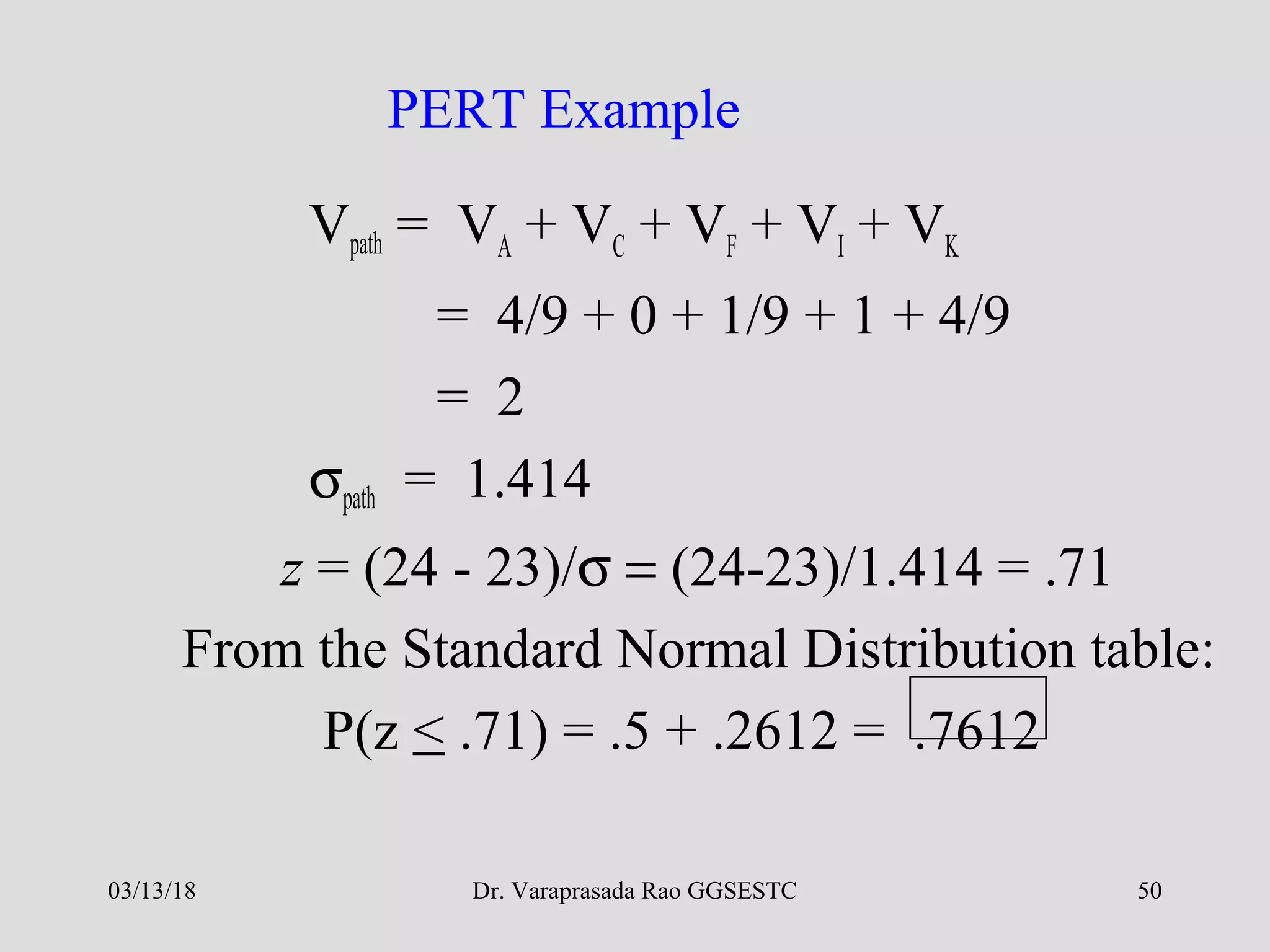 Dr. Varaprasada Rao GGSESTC 50
PERT Example
Vpath = VA + VC + VF + VI + VK
= 4/9 + 0 + 1/9 + 1 + 4/9
= 2
σpath = 1.414
z = (24 - 23)/σ = (24-23)/1.414 = .71
From the Standard Normal Distribution table:
P(z < .71) = .5 + .2612 = .7612
03/13/18
 