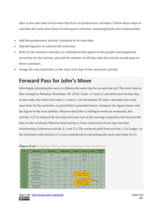 Saylor URL: http://www.saylor.org/books Saylor.org
262
date as the start date of activities that have no predecessor activities. Follow these steps to
calculate the early start dates of subsequent activities, assuming finish-start relationships:
 Add the predecessor activity’s duration to its start date.
 Add the lag time or subtract the lead time.
 Refer to the resource calendar (or calendars) that applies to the people and equipment
necessary for the activity, and add the number of off-days that the activity would span on
those calendars.
 Assign the calculated date as the early start date of the successor activity.
Forward Pass for John’s Move
John begins planning his move to Atlanta the same day he accepts the job. The start date in
this example is Monday, November 29, 2010. Tasks 1.1 and 2.1 can both start on that day,
so the early start dates for tasks 1.1 and 2.1 are November 29. John calculates the early
start date for the activities. A partial list is provided below. Compare the figure below and
the figure in the next sidebar. Observe that John is willing to work on weekends, but
activity 2.2.3 is delayed by two days because one of the moving companies did not provide
bids on the weekend. Observe that activity 2.3 has a lead time of one day, but that
relationship is between activity 2.1 and 2.3. The network path from activity 1.3 is longer, so
the lead time with activity 2.1 is not considered in calculating the early start date of 2.3.
Figure 8.16Early Start Dates Determined by a Forward Pass
 