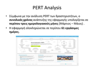 PERT Analysis
• Σφμφωνα με τθν ανάλυςθ PERT των δραςτθριοτιτων, ο
  ςυνολικόσ χρόνοσ ανάπτυξθσ τθσ εφαρμογισ υπολογίηεται ...