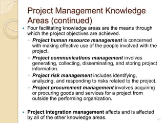 Project Management Knowledge Areas (continued)Four facilitating knowledge areas are the means through which the project objectives are achieved. Project human resource managementis concerned with making effective use of the people involved with the project.Project communications managementinvolves generating, collecting, disseminating, and storing project information.Project risk managementincludes identifying, analyzing, and responding to risks related to the project.Project procurement managementinvolves acquiring or procuring goods and services for a project from outside the performing organization.Project integration management affects and is affected by all of the other knowledge areas.13