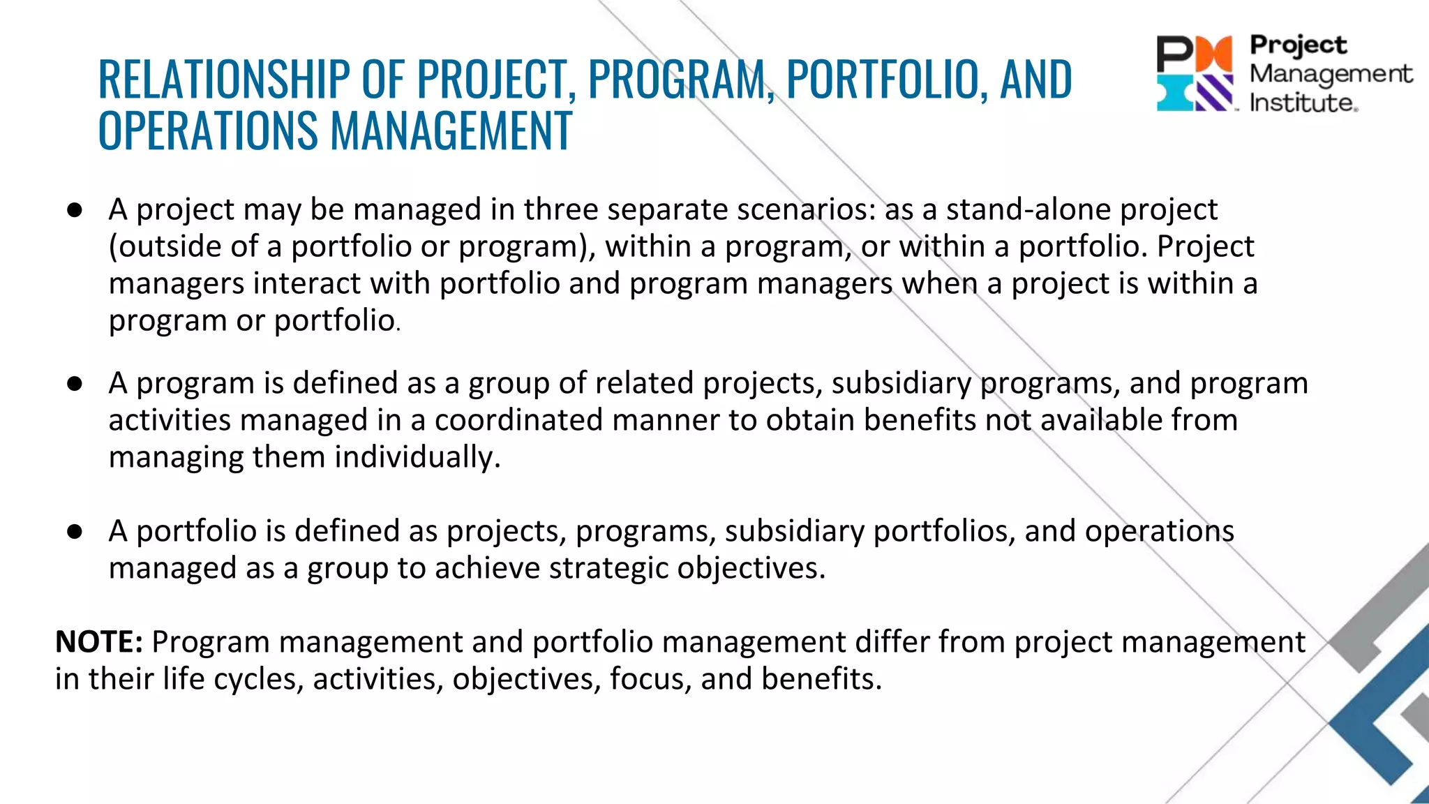 ● A project may be managed in three separate scenarios: as a stand-alone project
(outside of a portfolio or program), within a program, or within a portfolio. Project
managers interact with portfolio and program managers when a project is within a
program or portfolio.
● A program is defined as a group of related projects, subsidiary programs, and program
activities managed in a coordinated manner to obtain benefits not available from
managing them individually.
● A portfolio is defined as projects, programs, subsidiary portfolios, and operations
managed as a group to achieve strategic objectives.
NOTE: Program management and portfolio management differ from project management
in their life cycles, activities, objectives, focus, and benefits.
RELATIONSHIP OF PROJECT, PROGRAM, PORTFOLIO, AND
OPERATIONS MANAGEMENT
 
