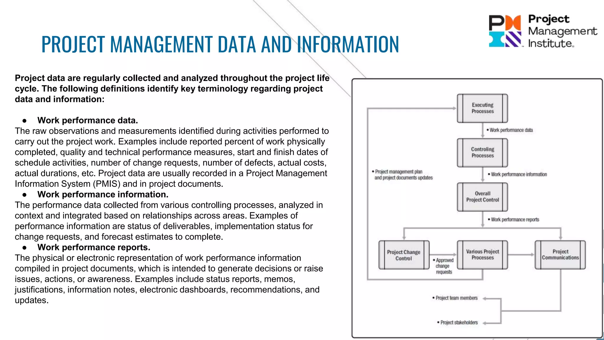 PROJECT MANAGEMENT DATA AND INFORMATION
Project data are regularly collected and analyzed throughout the project life
cycle. The following definitions identify key terminology regarding project
data and information:
● Work performance data.
The raw observations and measurements identified during activities performed to
carry out the project work. Examples include reported percent of work physically
completed, quality and technical performance measures, start and finish dates of
schedule activities, number of change requests, number of defects, actual costs,
actual durations, etc. Project data are usually recorded in a Project Management
Information System (PMIS) and in project documents.
● Work performance information.
The performance data collected from various controlling processes, analyzed in
context and integrated based on relationships across areas. Examples of
performance information are status of deliverables, implementation status for
change requests, and forecast estimates to complete.
● Work performance reports.
The physical or electronic representation of work performance information
compiled in project documents, which is intended to generate decisions or raise
issues, actions, or awareness. Examples include status reports, memos,
justifications, information notes, electronic dashboards, recommendations, and
updates.
 