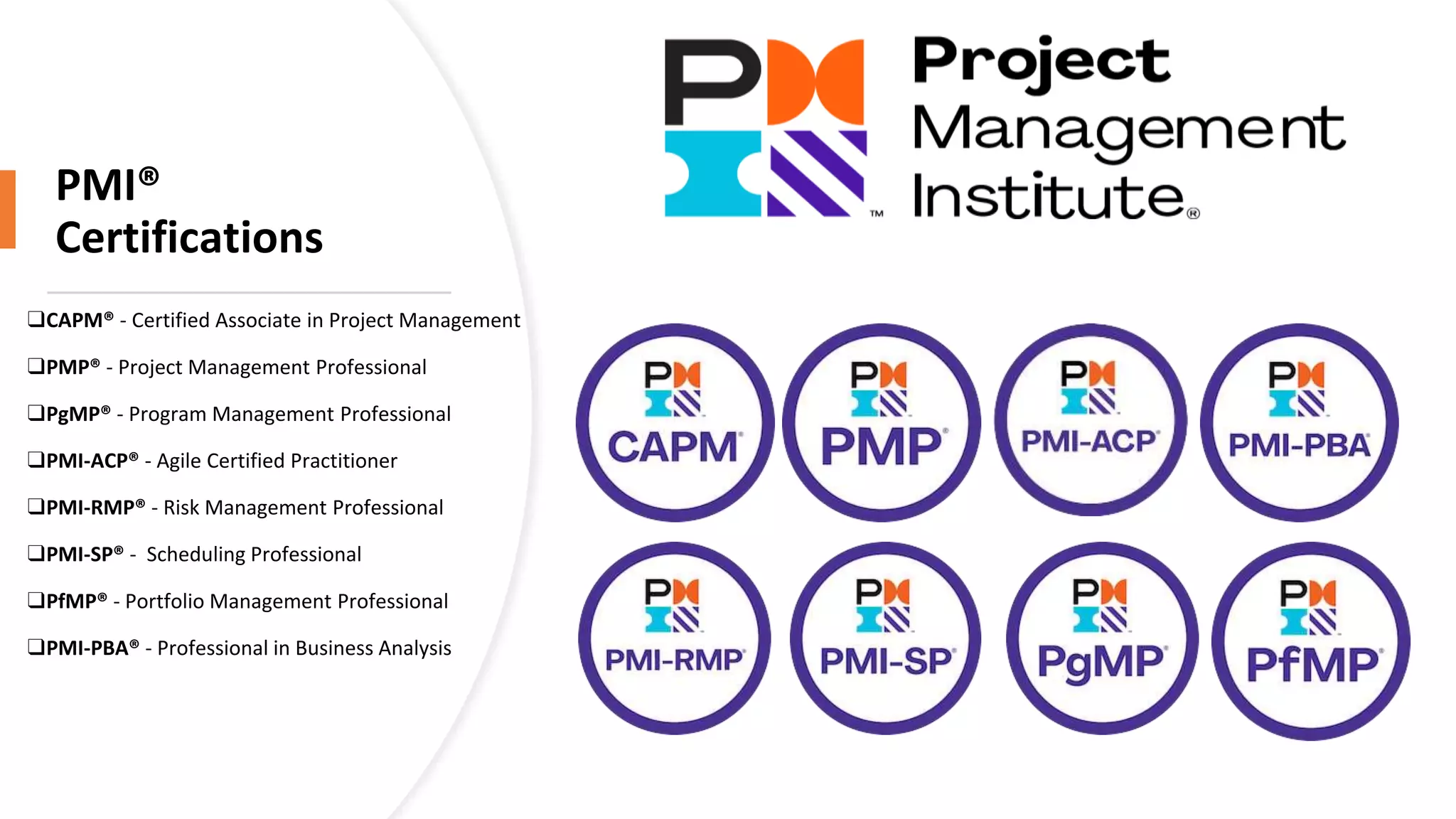 ❑CAPM® - Certified Associate in Project Management
❑PMP® - Project Management Professional
❑PgMP® - Program Management Professional
❑PMI-ACP® - Agile Certified Practitioner
❑PMI-RMP® - Risk Management Professional
❑PMI-SP® - Scheduling Professional
❑PfMP® - Portfolio Management Professional
❑PMI-PBA® - Professional in Business Analysis
PMI®
Certifications
 