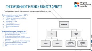 THE ENVIRONMENT IN WHICH PROJECTS OPERATE
Enterprise environmental factors (EEFs)
● Organization’s culture,
● PM has no direct control on EEF’s
● Rules & Policies
● Regulation & Laws
● Infrastructure
● Marketplace conditions
● Commercial database
● etc...
Projects exist and operate in environments that may have an influence on them.
Organizational process assets (OPAs).
● Organization Standards, Processes,
policies, and procedures;
● Organizational knowledge bases.
● Historical information and lessons learned
repository
● Templates (e.g., project charter template);
● Performance measurement database
● Defect management database
● etc...
 