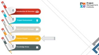 Introduction & Overview
Process Groups
Project Environment
Role of Project Manager
Knowledge Areas
 