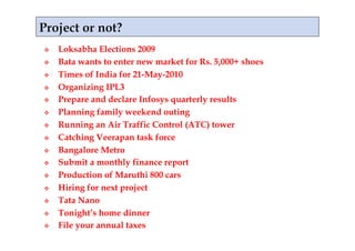    Loksabha Elections 2009
    Bata wants to enter new market for Rs. 5,000+ shoes
    Times of India for 21-May-2010
    Organizing IPL3
    Prepare and declare Infosys quarterly results
    Planning family weekend outing
    Running an Air Traffic Control (ATC) tower
    Catching Veerapan task force
    Bangalore Metro
    Submit a monthly finance report
    Production of Maruthi 800 cars
    Hiring for next project
    Tata Nano
    Tonight’s home dinner
    File your annual taxes
 