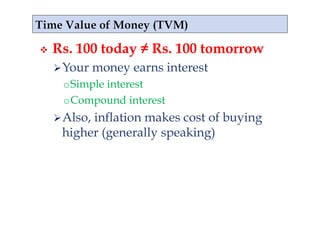     Rs. 100 today ≠ Rs. 100 tomorrow
      Your    money earns interest
      o Simple interest
      o Compound interest
      Also,
           inflation makes cost of buying
      higher (generally speaking)
 