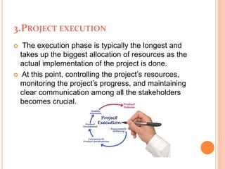 3.PROJECT EXECUTION
 The execution phase is typically the longest and
takes up the biggest allocation of resources as the
actual implementation of the project is done.
 At this point, controlling the project’s resources,
monitoring the project’s progress, and maintaining
clear communication among all the stakeholders
becomes crucial.
 