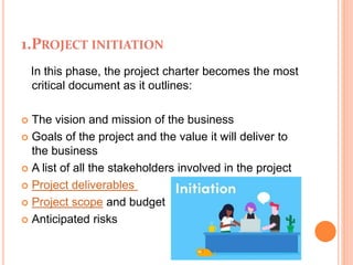 1.PROJECT INITIATION
In this phase, the project charter becomes the most
critical document as it outlines:
 The vision and mission of the business
 Goals of the project and the value it will deliver to
the business
 A list of all the stakeholders involved in the project
 Project deliverables
 Project scope and budget
 Anticipated risks
 