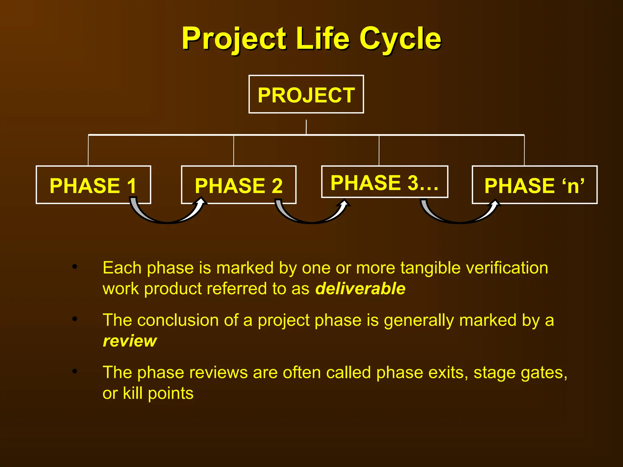 Project Life Cycle
Project Life Cycle
• Each phase is marked by one or more tangible verification
work product referred to as deliverable
• The conclusion of a project phase is generally marked by a
review
• The phase reviews are often called phase exits, stage gates,
or kill points
PROJECT
PHASE 1 PHASE 2 PHASE 3… PHASE ‘n’
 