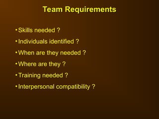 Team Requirements
Team Requirements
•Skills needed ?
•Individuals identified ?
•When are they needed ?
•Where are they ?
•Training needed ?
•Interpersonal compatibility ?
 