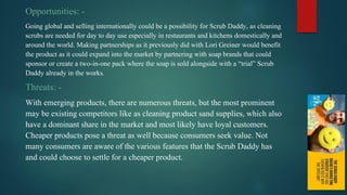 Opportunities: -
Going global and selling internationally could be a possibility for Scrub Daddy, as cleaning
scrubs are needed for day to day use especially in restaurants and kitchens domestically and
around the world. Making partnerships as it previously did with Lori Greiner would benefit
the product as it could expand into the market by partnering with soap brands that could
sponsor or create a two-in-one pack where the soap is sold alongside with a “trial” Scrub
Daddy already in the works.
Threats: -
With emerging products, there are numerous threats, but the most prominent
may be existing competitors like as cleaning product sand supplies, which also
have a dominant share in the market and most likely have loyal customers.
Cheaper products pose a threat as well because consumers seek value. Not
many consumers are aware of the various features that the Scrub Daddy has
and could choose to settle for a cheaper product.
 