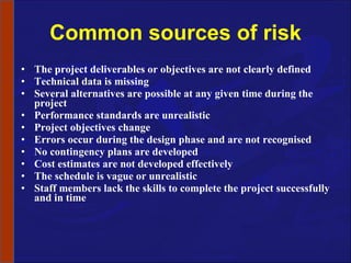 Common sources of risk The project deliverables or objectives are not clearly defined Technical data is missing Several alternatives are possible at any given time during the project Performance standards are unrealistic Project objectives change Errors occur during the design phase and are not recognised No contingency plans are developed Cost estimates are not developed effectively The schedule is vague or unrealistic Staff members lack the skills to complete the project successfully and in time 