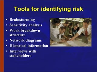 Tools for identifying risk Brainstorming Sensitivity analysis Work breakdown structure Network diagrams Historical information Interviews with stakeholders 