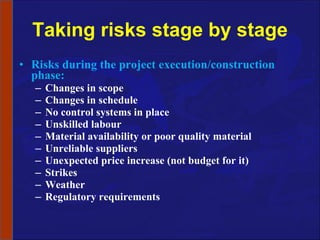 Taking risks stage by stage Risks during the project execution/construction phase: Changes in scope Changes in schedule No control systems in place Unskilled labour Material availability or poor quality material Unreliable suppliers Unexpected price increase (not budget for it) Strikes Weather Regulatory requirements 