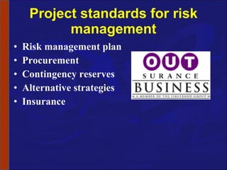 Project standards for risk management Risk management plan Procurement Contingency reserves Alternative strategies Insurance 