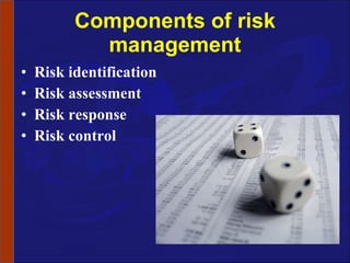 Components of risk management Risk identification Risk assessment Risk response  Risk control 