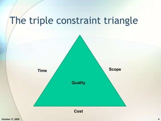 The triple constraint triangleJuly 20, 20094ScopeTimeQualityCost