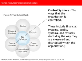 Human resources>organisational culture Control Systems  – The ways that the organisation is controlled.  These include financial systems, quality systems, and rewards (including the way they are measured and distributed within the organisation.)  Cultural web - modified after Johnson, G, 1988, “Rethinking incrementalism”, Strategic Management Journal, Vol. 9, pp. 75 – 91.  