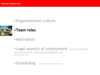 Human resources Organisational culture   Team roles   Motivation  Legal aspects of employment   such as contracts and recruitment, working environment, etc. (not discussed here) Scheduling  –  (not specifically discussed here).   
