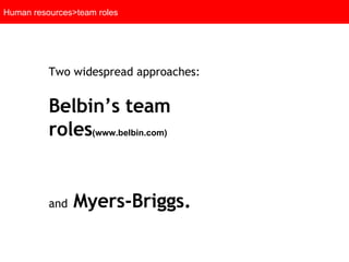 Human resources>team roles Two widespread approaches: Belbin’s team roles (www.belbin.com)   and   Myers-Briggs.   