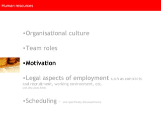 Human resources Organisational culture   Team roles   Motivation  Legal aspects of employment   such as contracts and recruitment, working environment, etc. (not discussed here) Scheduling  –  (not specifically discussed here).   