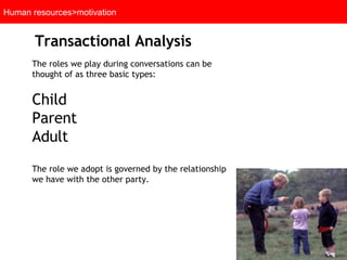 Human resources>motivation Transactional Analysis   The roles we play during conversations can be thought of as three basic types: Child Parent Adult The role we adopt is governed by the relationship we have with the other party. 