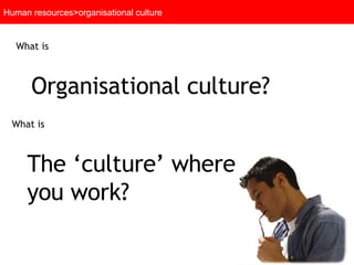 What is Organisational culture? Human resources>organisational culture What is The ‘culture’ where  you work? 