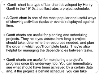  Gantt chart is a type of bar chart developed by Henry
Gantt in the 1910s,that illustrates a project schedule.
 A Gantt chart is one of the most popular and useful ways
of showing activities (tasks or events) displayed against
time.
 Gantt charts are useful for planning and scheduling
projects. They help you assess how long a project
should take, determine the resources needed, and plan
the order in which you'll complete tasks. They're also
helpful for managing the dependencies between tasks.
 Gantt charts are useful for monitoring a project's
progress once it's underway, too. You can immediately
see what should have been achieved by a certain date
and, if the project is behind schedule, you can take
 