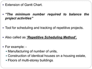  Extension of Gantt Chart.
 “The minimum number required to balance the
project activities”
 Tool for scheduling and tracking of repetitive projects.
 Also called as ‘Repetitive Scheduling Method’.
 For example: -
 Manufacturing of number of units,
 Construction of identical houses on a housing estate,
 Floors of multi-storey buildings.
 