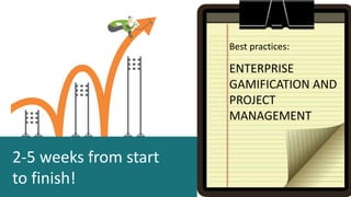 Best practices: 
ENTERPRISE 
GAMIFICATION AND 
PROJECT 
MANAGEMENT 
2-5 weeks from start 
to finish! 
 