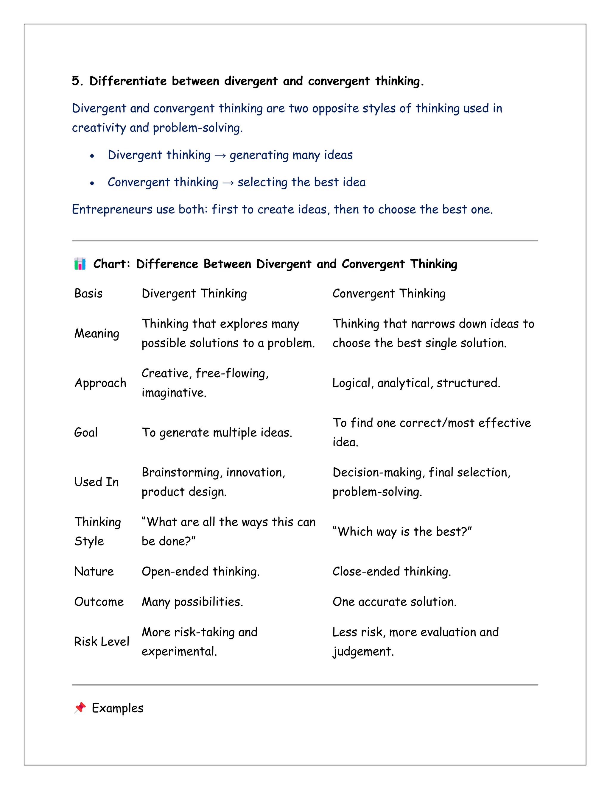 5. Differentiate between divergent and convergent thinking.
Divergent and convergent thinking are two opposite styles of thinking used in
creativity and problem-solving.
• Divergent thinking → generating many ideas
• Convergent thinking → selecting the best idea
Entrepreneurs use both: first to create ideas, then to choose the best one.
Chart: Difference Between Divergent and Convergent Thinking
Basis Divergent Thinking Convergent Thinking
Meaning
Thinking that explores many
possible solutions to a problem.
Thinking that narrows down ideas to
choose the best single solution.
Approach
Creative, free-flowing,
imaginative.
Logical, analytical, structured.
Goal To generate multiple ideas.
To find one correct/most effective
idea.
Used In
Brainstorming, innovation,
product design.
Decision-making, final selection,
problem-solving.
Thinking
Style
“What are all the ways this can
be done?”
“Which way is the best?”
Nature Open-ended thinking. Close-ended thinking.
Outcome Many possibilities. One accurate solution.
Risk Level
More risk-taking and
experimental.
Less risk, more evaluation and
judgement.
Examples
 