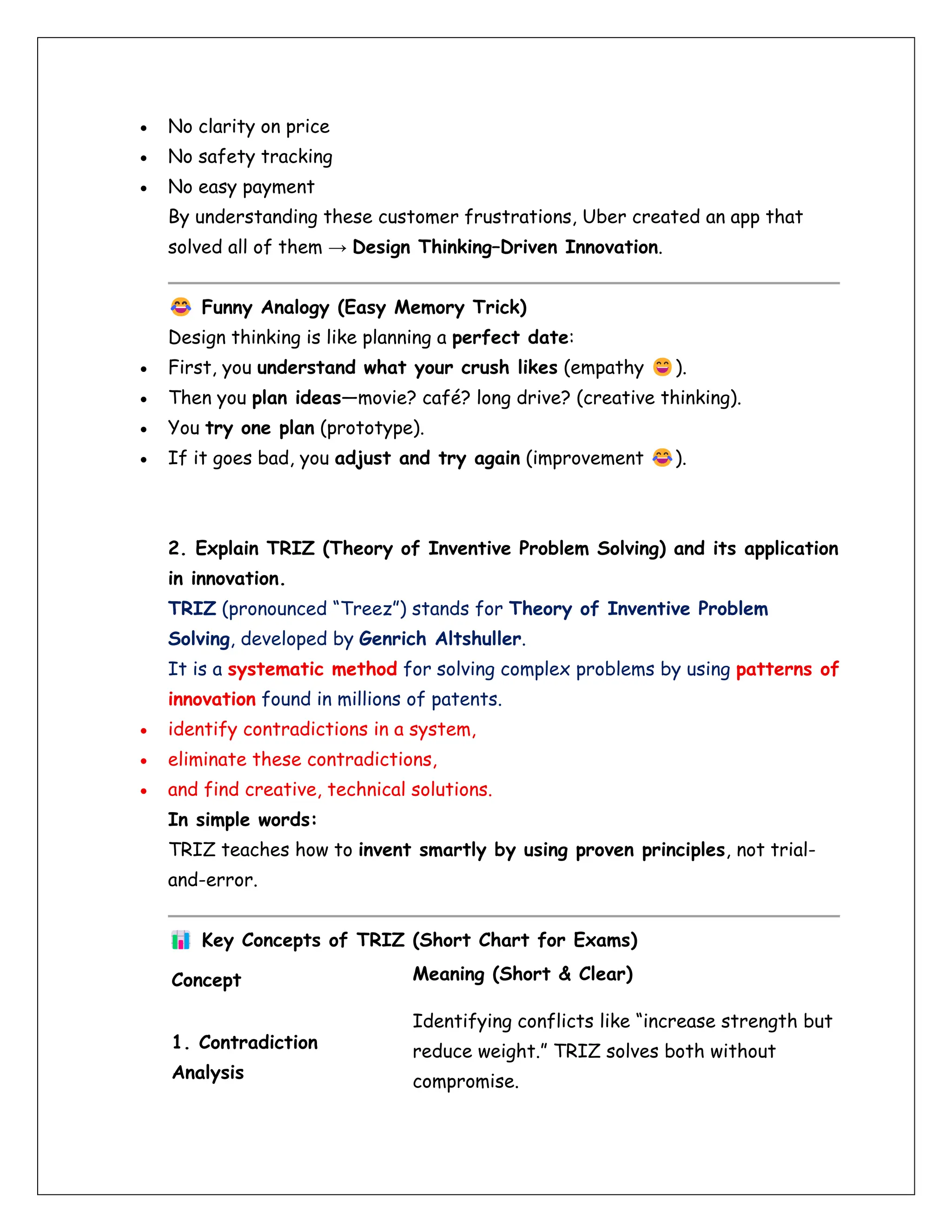 • No clarity on price
• No safety tracking
• No easy payment
By understanding these customer frustrations, Uber created an app that
solved all of them → Design Thinking–Driven Innovation.
Funny Analogy (Easy Memory Trick)
Design thinking is like planning a perfect date:
• First, you understand what your crush likes (empathy ).
• Then you plan ideas—movie? café? long drive? (creative thinking).
• You try one plan (prototype).
• If it goes bad, you adjust and try again (improvement ).
2. Explain TRIZ (Theory of Inventive Problem Solving) and its application
in innovation.
TRIZ (pronounced “Treez”) stands for Theory of Inventive Problem
Solving, developed by Genrich Altshuller.
It is a systematic method for solving complex problems by using patterns of
innovation found in millions of patents.
• identify contradictions in a system,
• eliminate these contradictions,
• and find creative, technical solutions.
In simple words:
TRIZ teaches how to invent smartly by using proven principles, not trial-
and-error.
Key Concepts of TRIZ (Short Chart for Exams)
Concept Meaning (Short & Clear)
1. Contradiction
Analysis
Identifying conflicts like “increase strength but
reduce weight.” TRIZ solves both without
compromise.
 